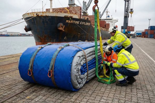 De opblaasbare regenkap gereed voor transport naar boord