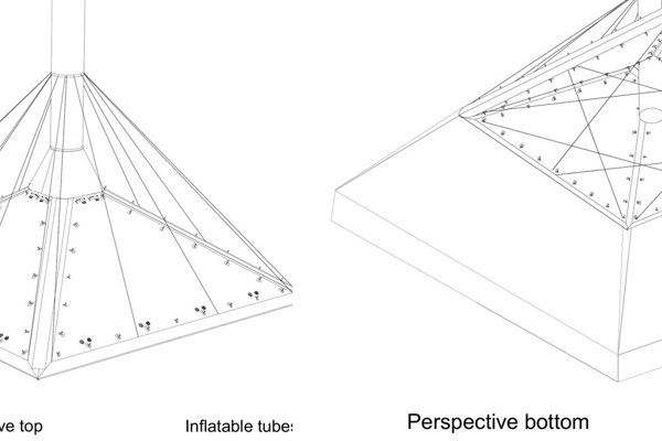 Perspective drawing of the inflatable rain cover, seen from above and from below