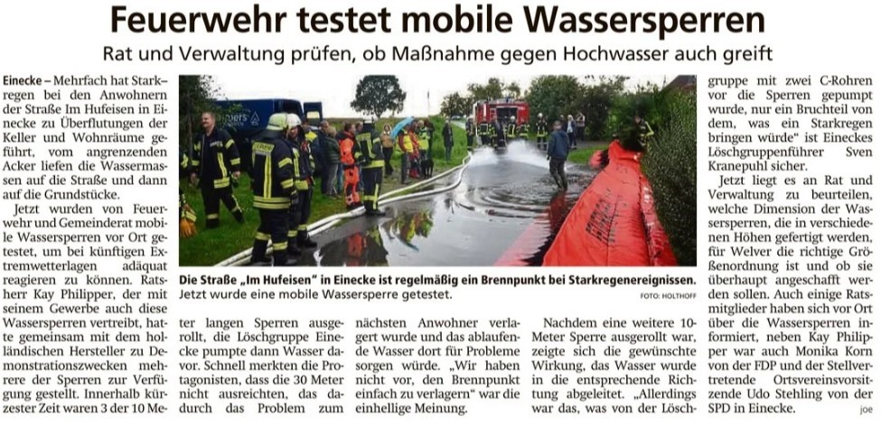 Kraanverslag feyerweh testet mobile wassersperren