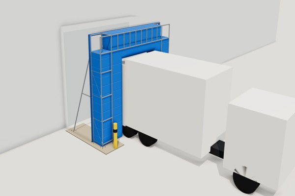 Modulaire opblaasbare dockshelter: verzinkt buisframe met kussens tegen de vrachtwagen