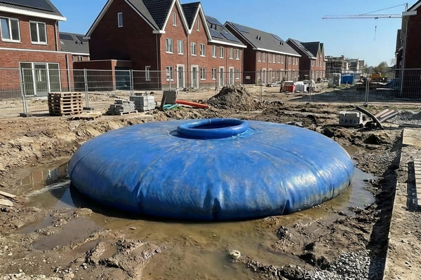 Flexibele opkisting geplaatst over een kwel in een bouwlocatie bij woningen