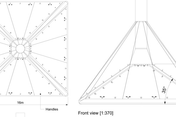 Top view and front view of the 16 by 16 metre inflatable rain cover