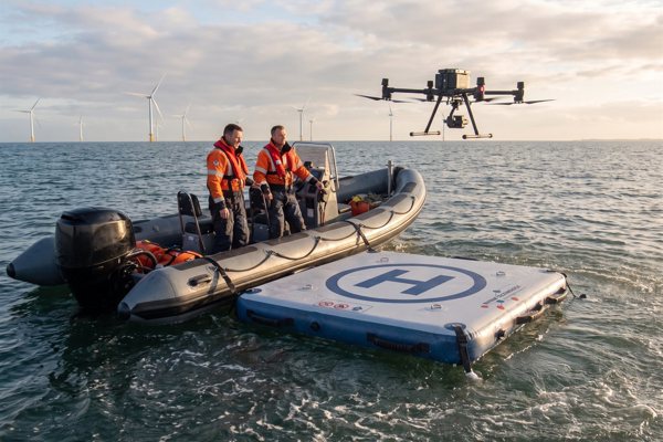 Dron aterrizando en una plataforma flotante junto a una lancha en un parque eólico marino