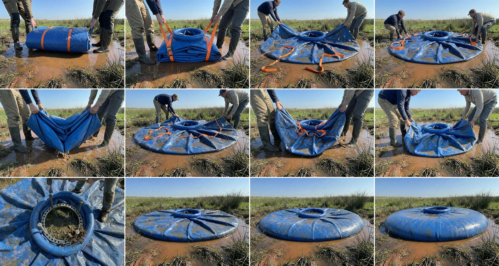 Stappenplan voor het uitrollen en plaatsen van een flexibele opkisting bij een kwel