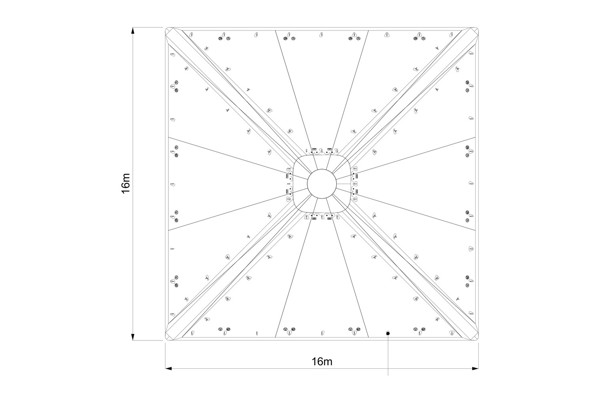 Bovenaanzicht van de opblaasbare regenkap van 16 bij 16 meter