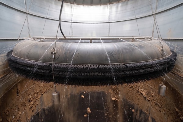 Anel de escova insuflável com anel de pulverização por cima num silo