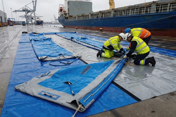 Fitters connecting the inflatable panels of the rain cover on the quayside