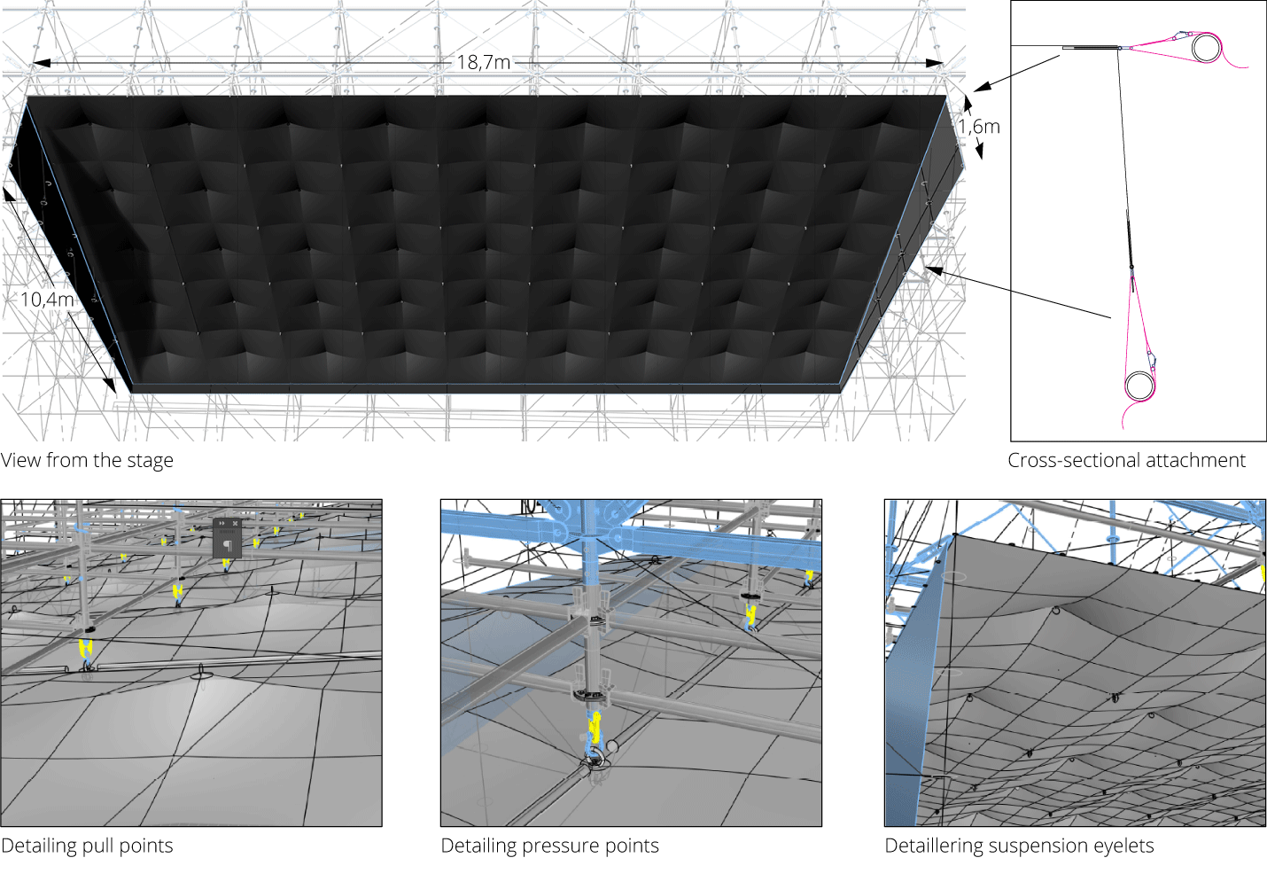 Engineering double curved ceiling cloth