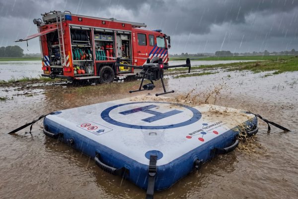 Plataforma en uso durante una intervención de bomberos en un campo inundado
