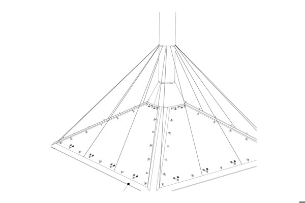 Perspectieftekening van de opblaasbare regenkap, van boven gezien