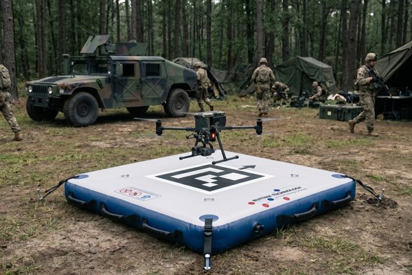 Operación militar de drones con plataforma y vehículos en zona boscosa