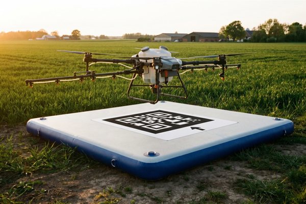 Dron agrícola en plataforma con marcador de precisión en el campo