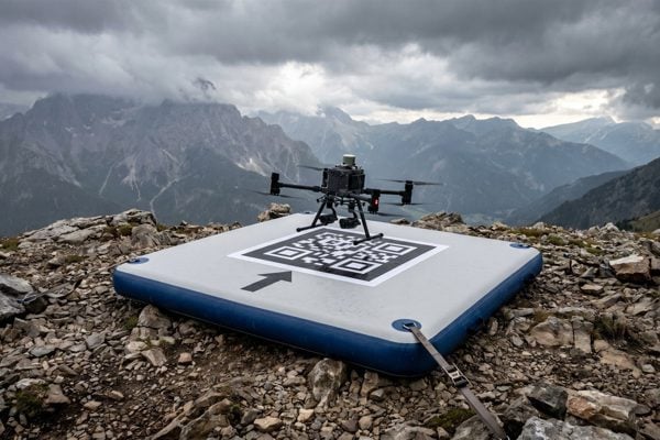 Drone boven de landing pad met machine-leesbare marker voor precisielanding
